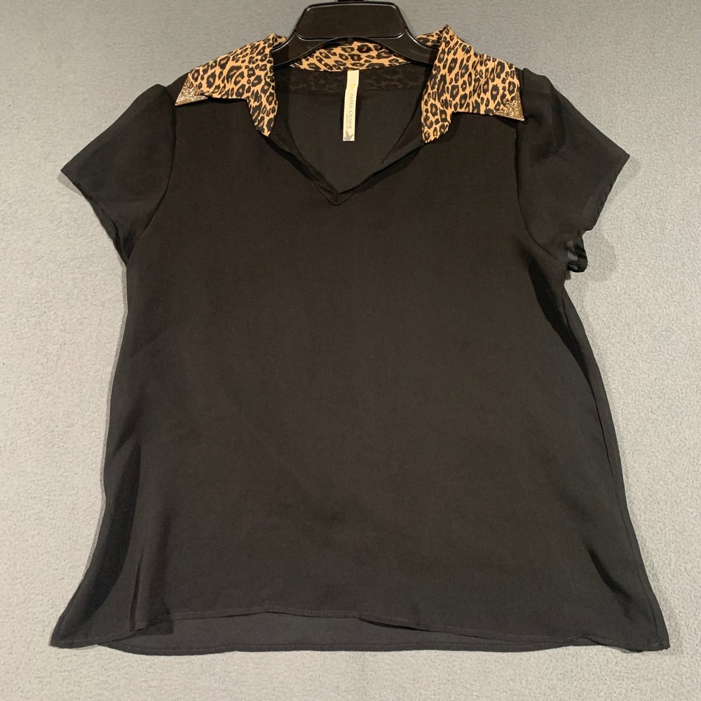 Paper Crane Sheer Black Leopard Collar Short Sleeve V Neck Blouse Women's Size S